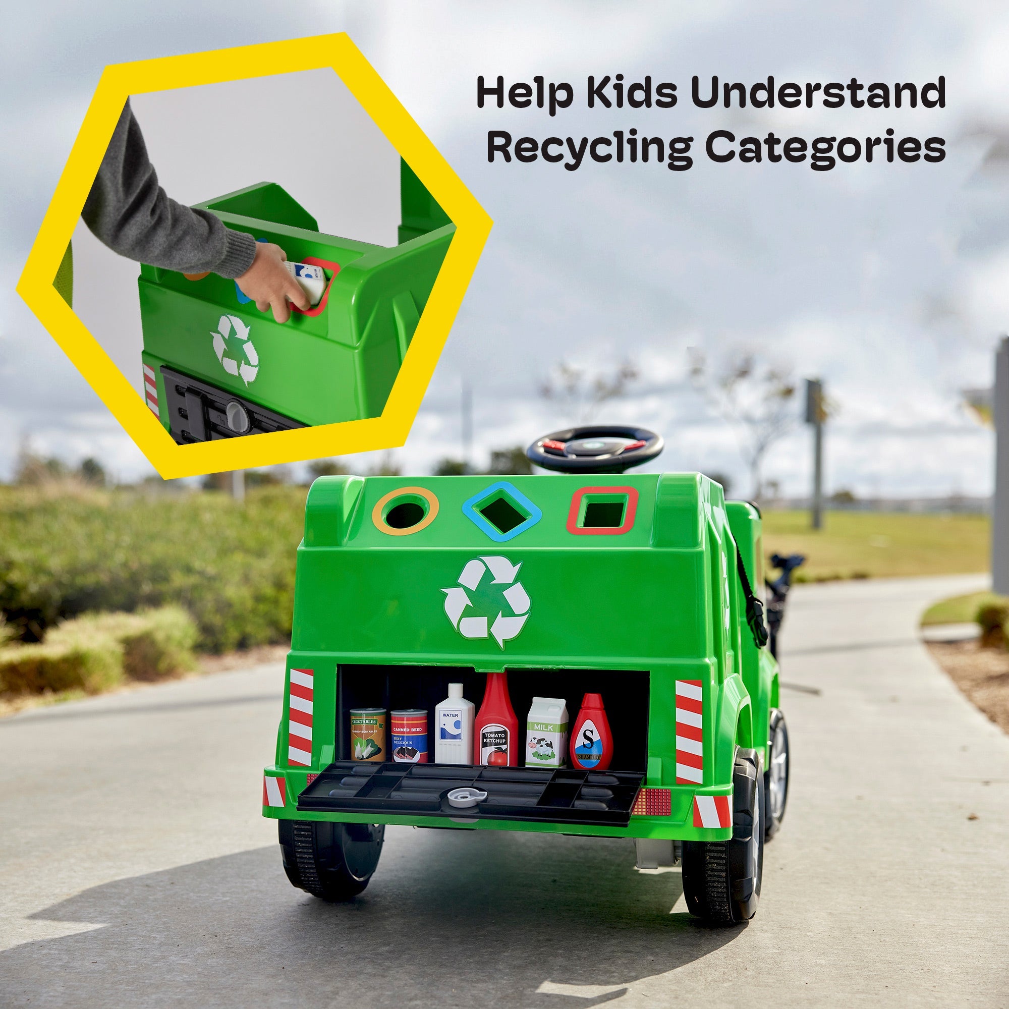Kidzone 6V Garbage Truck Ride On Toy with LED Lights and Recycling Accessories