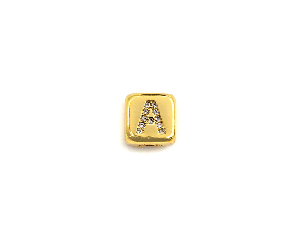 8.5mm Cube Gold/Rose Gold/Silver Alphabet CZ Micro Pave Large Hol
