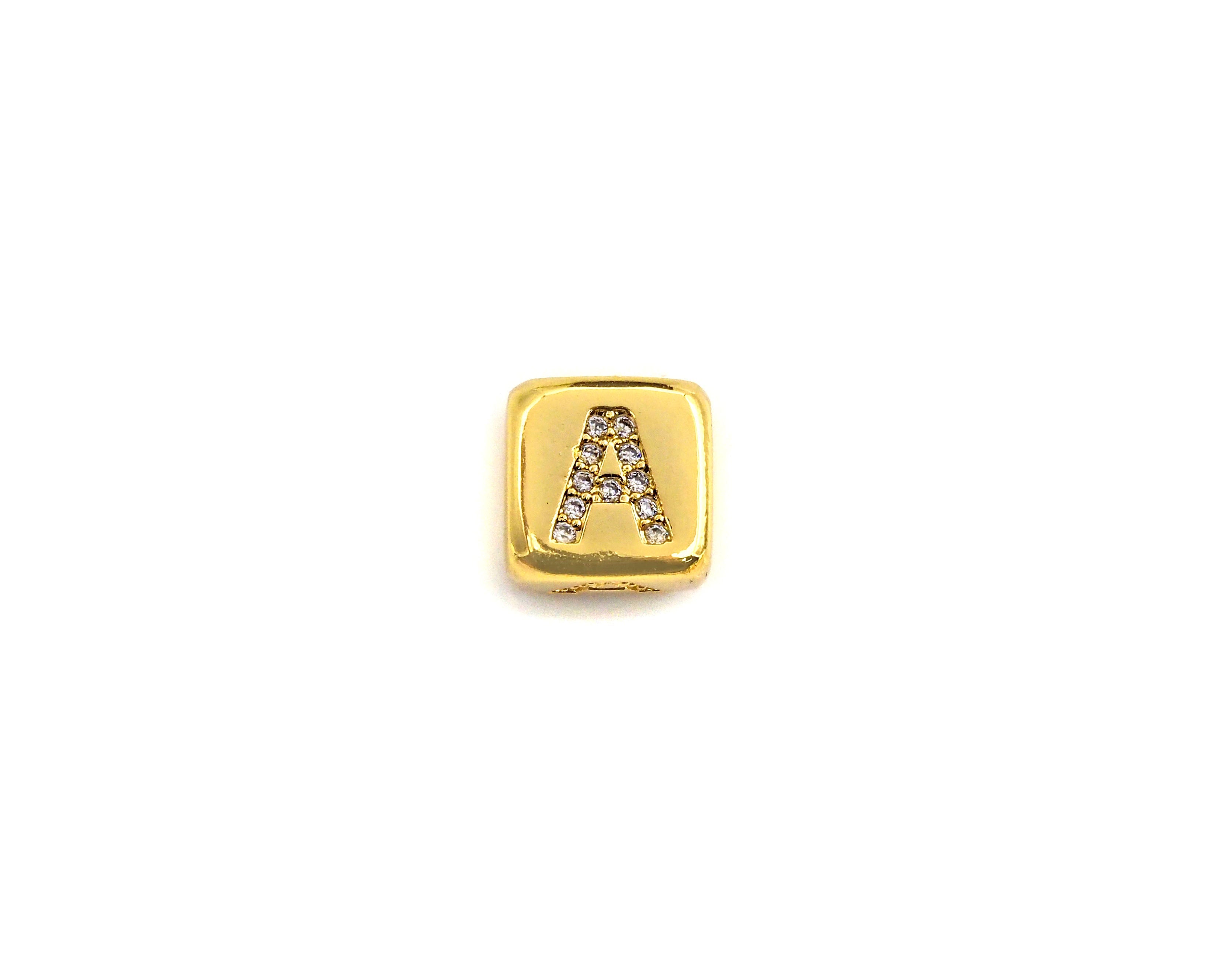 8.5mm Cube Gold/Rose Gold/Silver Alphabet CZ Micro Pave Large Hol