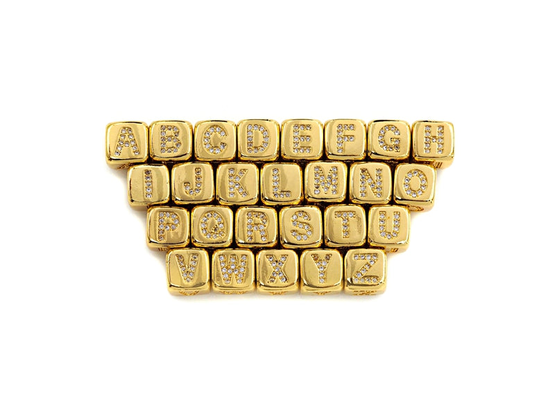 8.5mm Cube Gold/Rose Gold/Silver Alphabet CZ Micro Pave Large Hol
