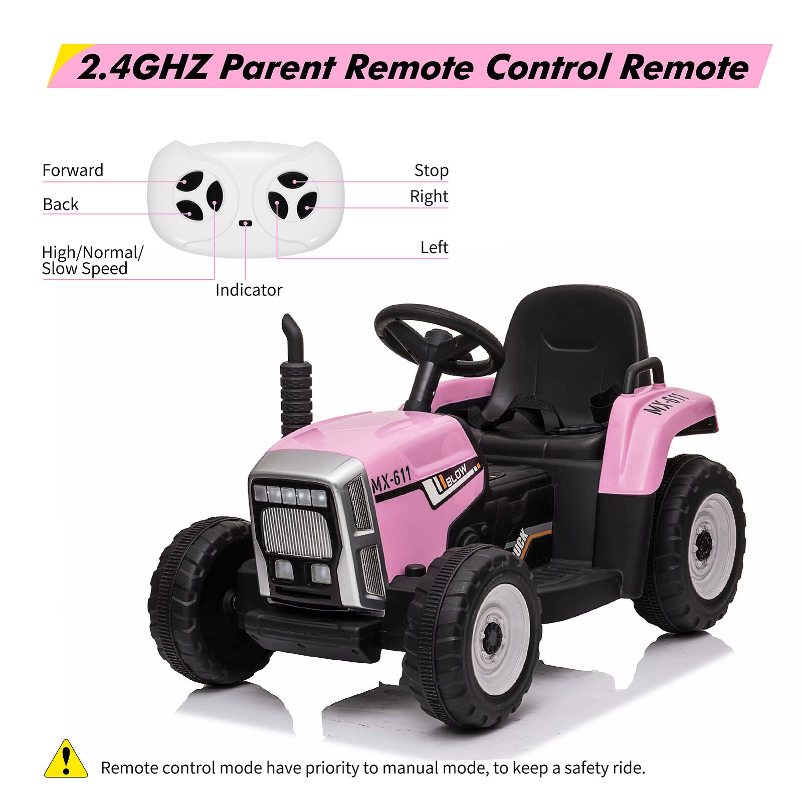 12V Battery Powered Electric Tractor Ride-On Car with Trailer for Kids