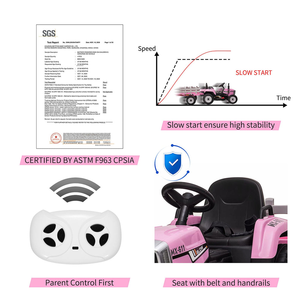 12V Battery Powered Electric Tractor Ride-On Car with Trailer for Kids