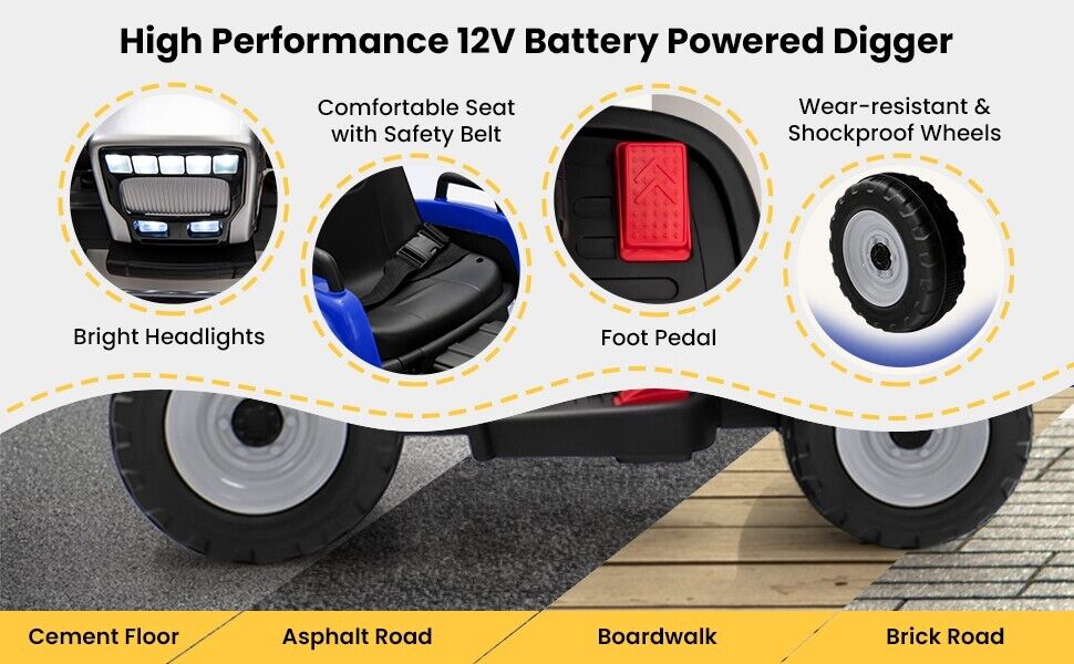 12V Battery-Powered Kids Excavator Toy with Adjustable Arm and Bucket