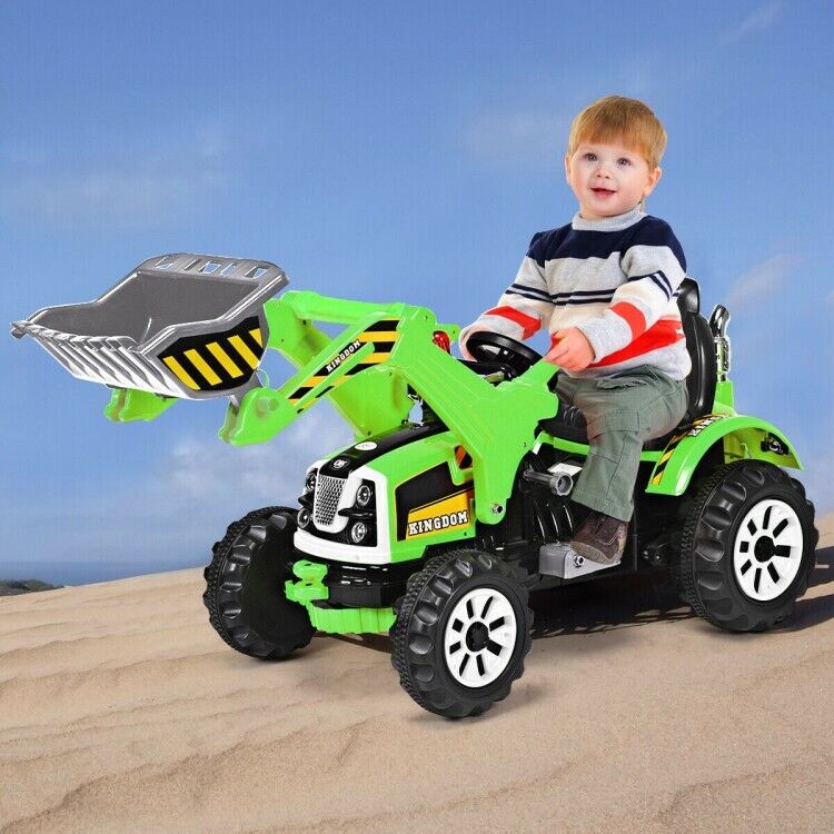 12V Battery Powered Kids Excavator Truck with Front Loader Digger - Green