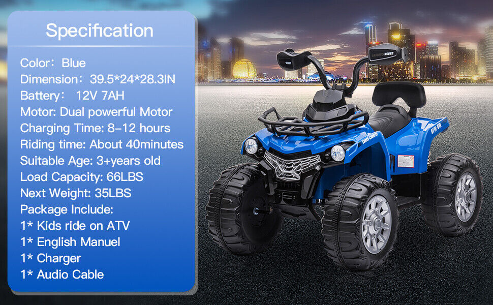 12V Electric Ride-On ATV Quad for Kids with MP3 and Lights - 2 Speeds, Perfect Gift for Adventure Seekers