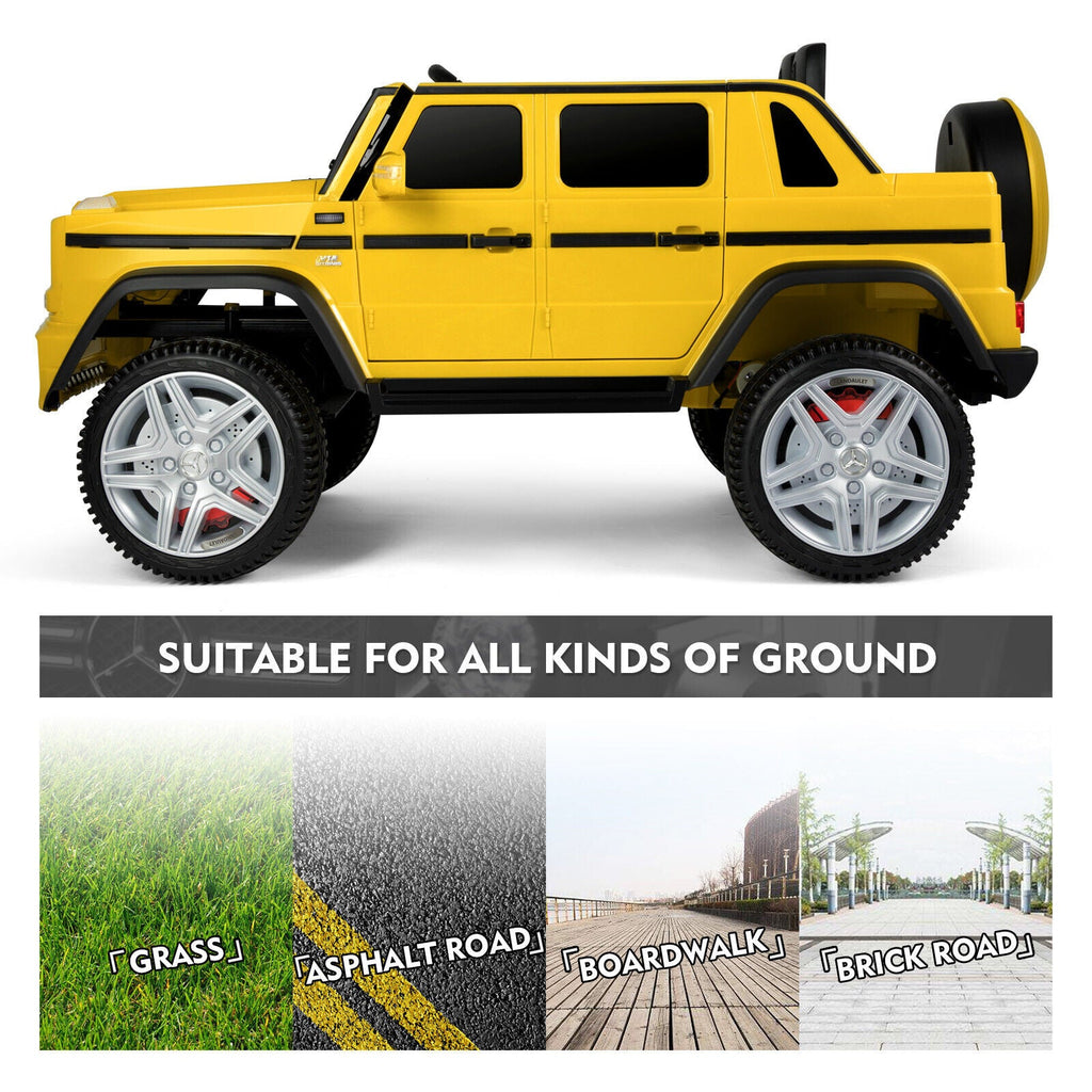 Mercedes-Benz Truck 12V Battery Ride On Car for Kids with 3 Speeds, LED Lights, Music, and Remote Control - Yellow