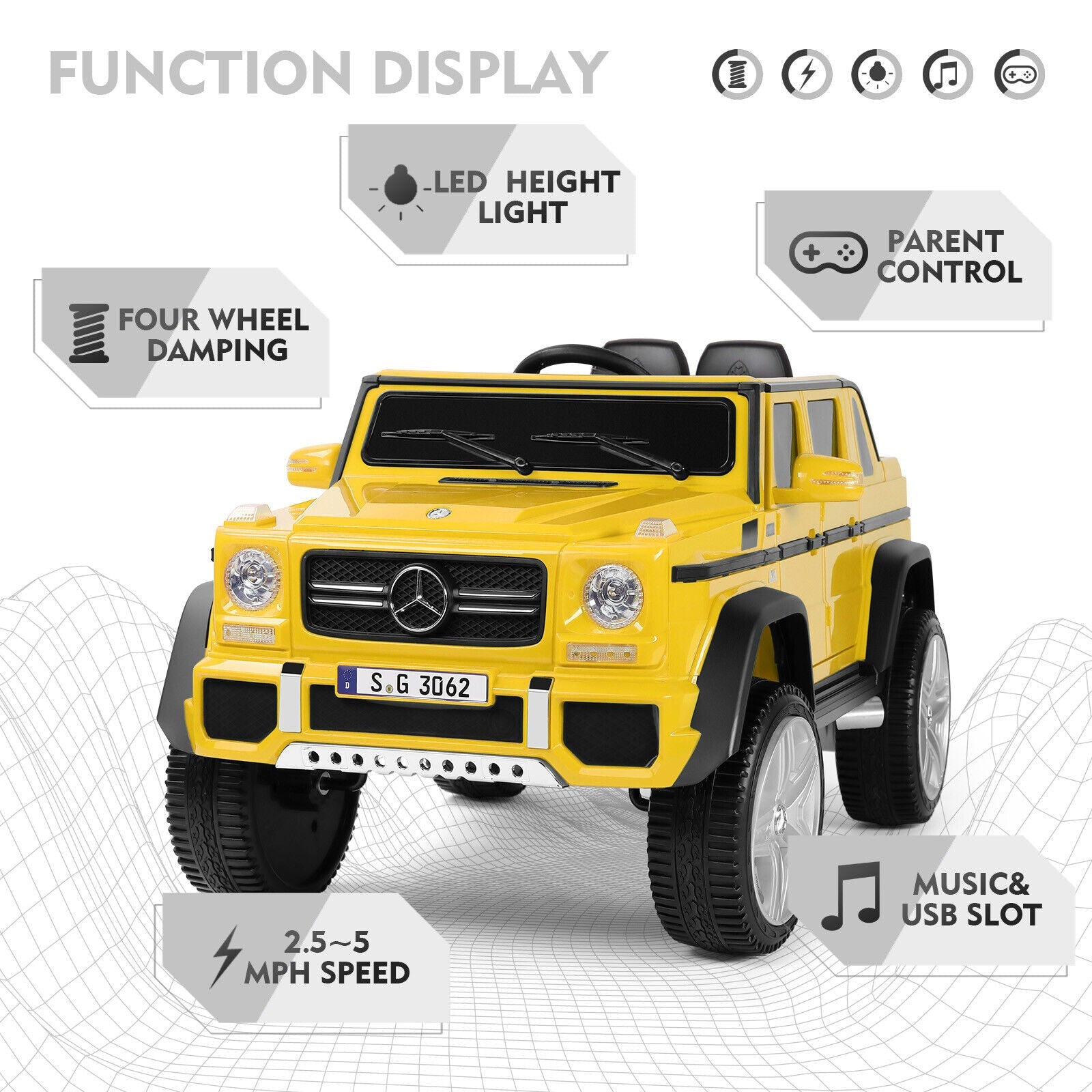 Mercedes-Benz Truck 12V Battery Ride On Car for Kids with 3 Speeds, LED Lights, Music, and Remote Control - Yellow