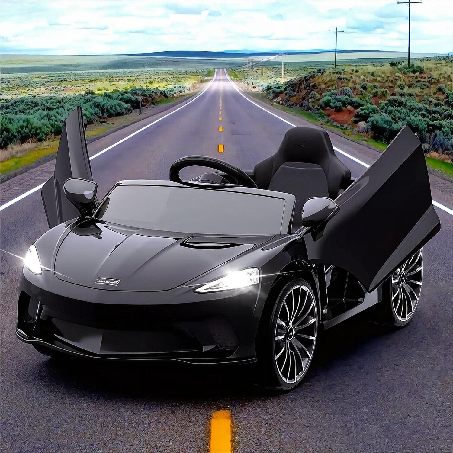 12V Battery Powered Sports Car for Kids with LED Headlights - Black