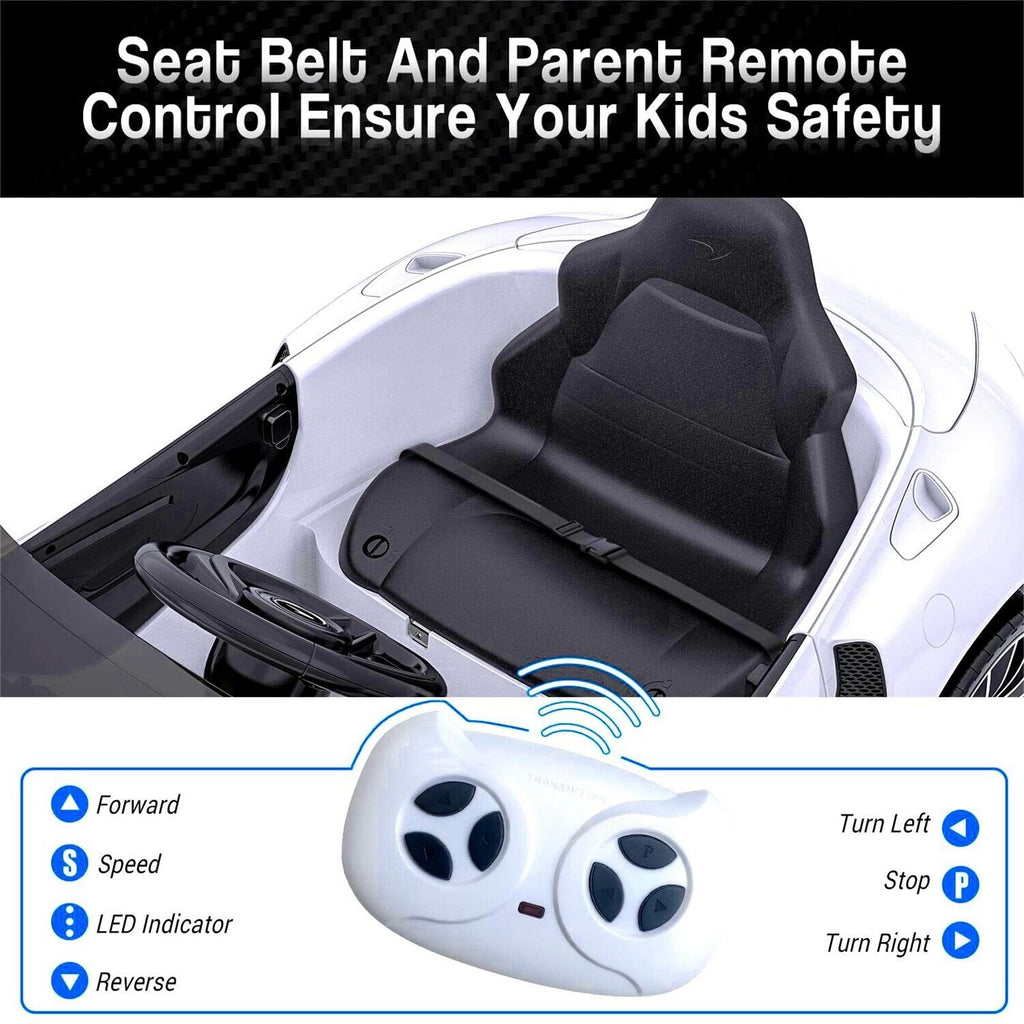 12V Battery Powered Sports Car for Kids with LED Headlights and 2 Speeds - White