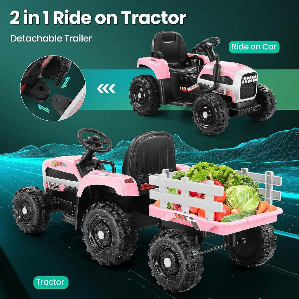12V Battery-Powered Tractor with Detachable Trailer for Kids