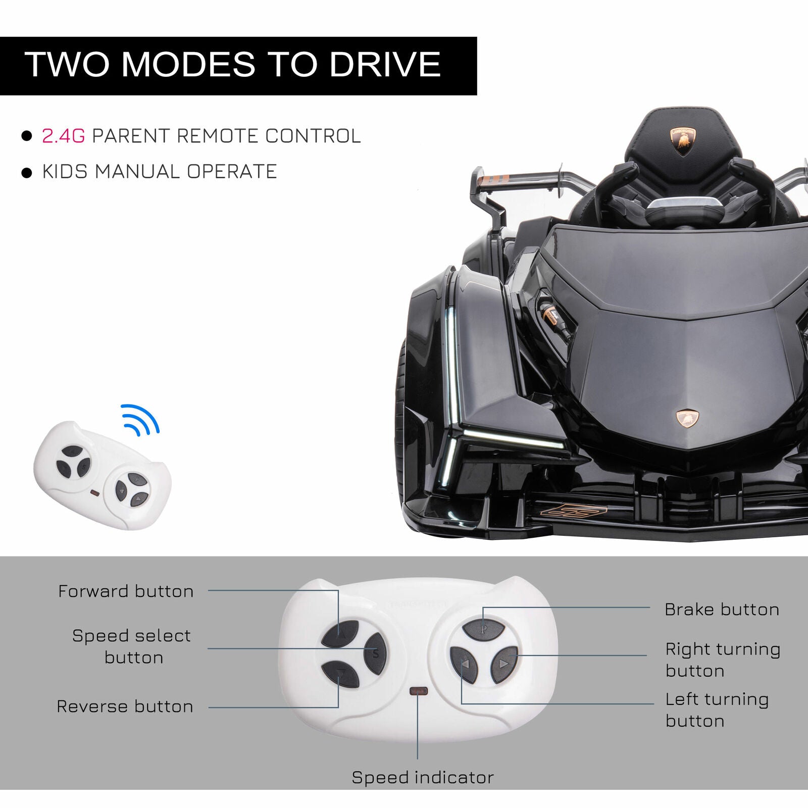 12V Black Lamborghini GT Kids Ride-On Sports Car with Remote Control
