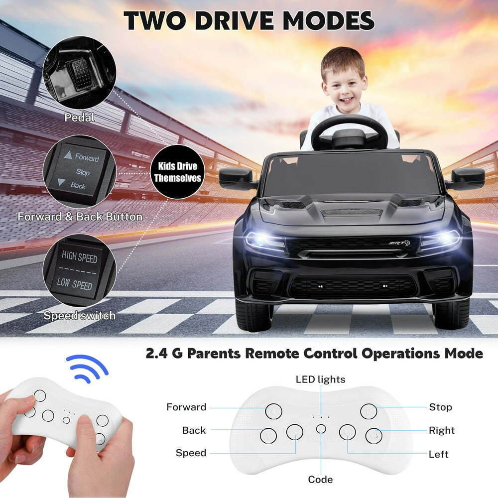 12V Dodge Charger SRT Hellcat Ride-On Toy with Remote Control, MP3, and LED Lights for Kids