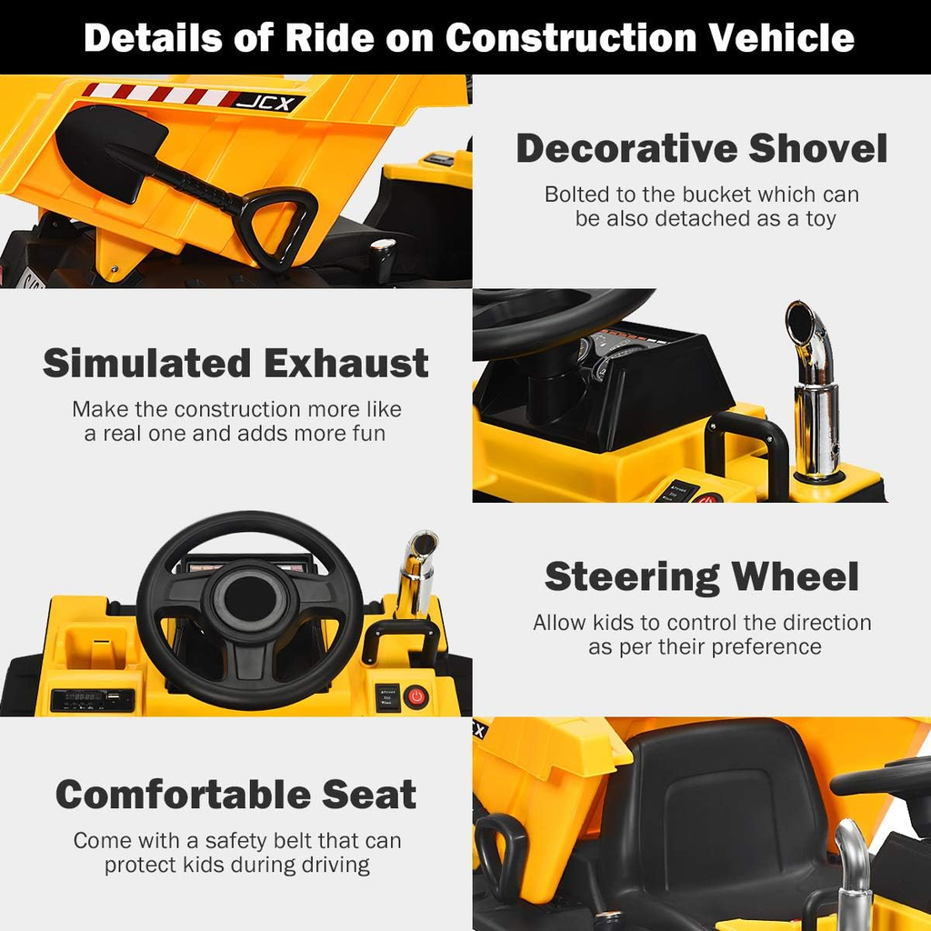 12V Dump Truck Ride-On with Remote Control, Music, Horn, USB, and AUX