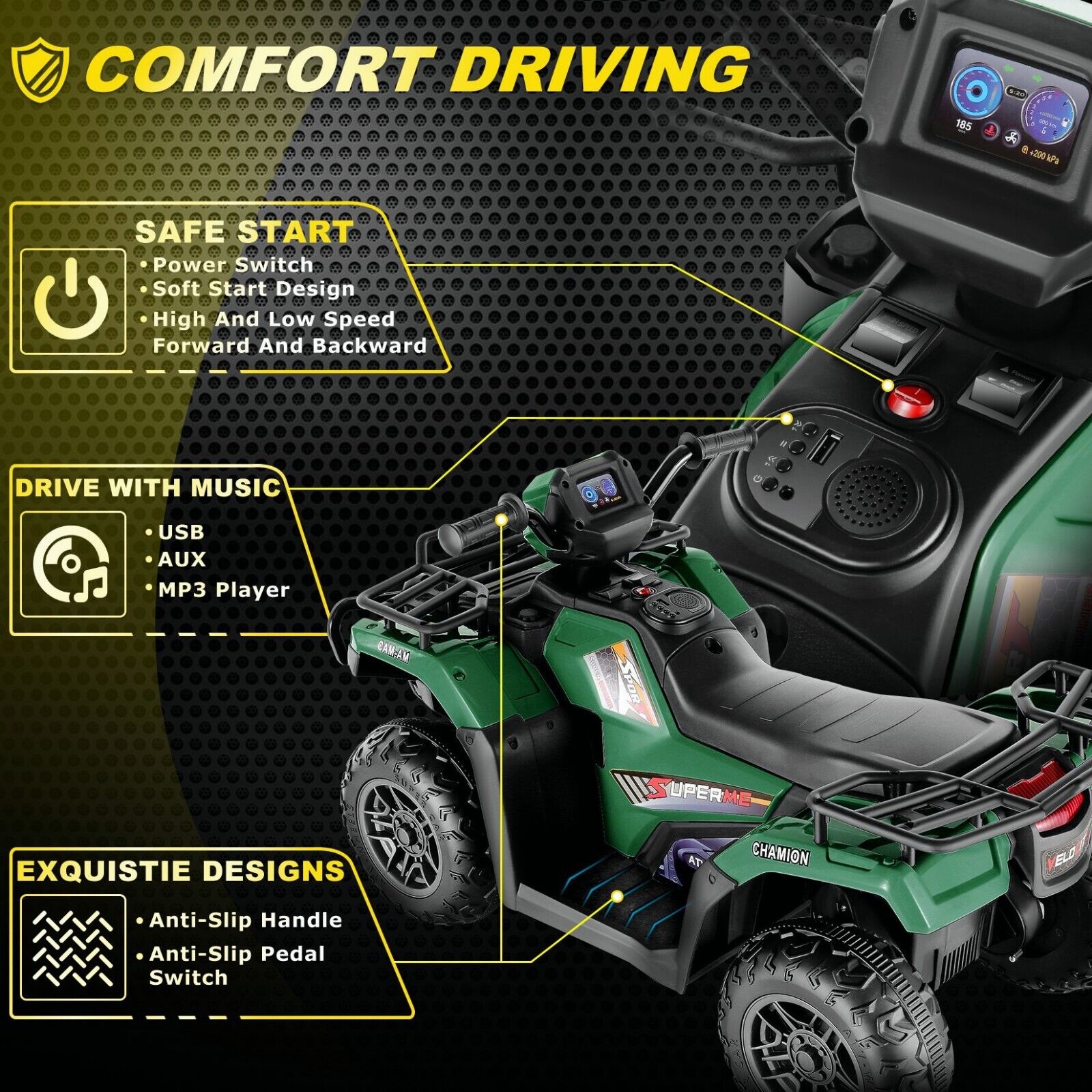 12V Quad for Kids with LED Lights and Dual Speed Options