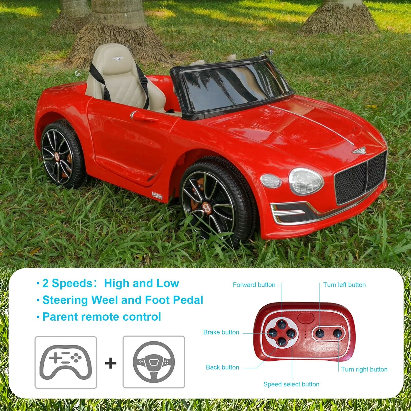 12V Electric Bentley Style Kid Ride On Car with Remote Control and LED Lights