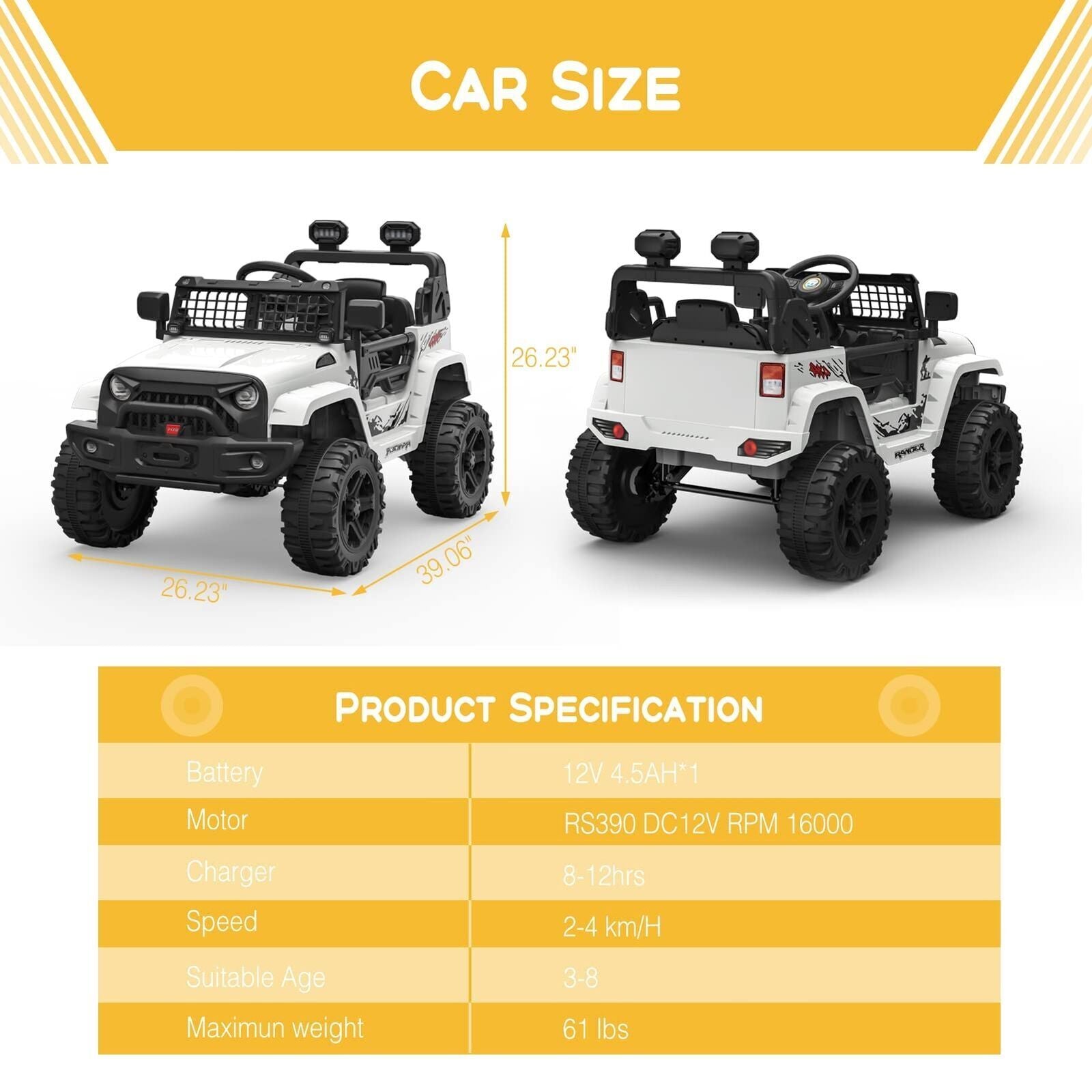 12V Electric Kids Ride On Jeep with Bluetooth Remote and Safety Belt