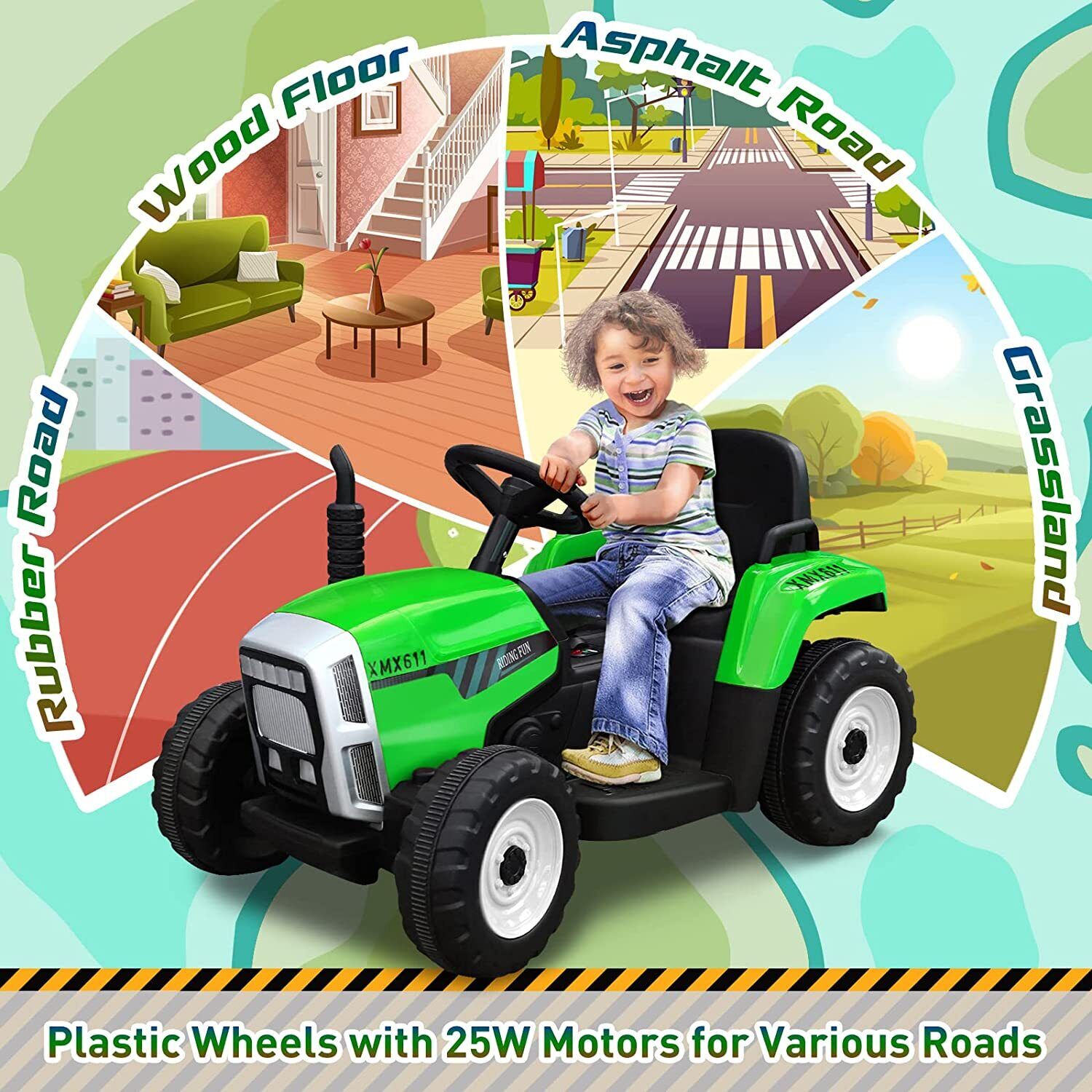 12V Electric Kids Ride On Tractor with Trailer - Battery Powered Car Toy for Christmas