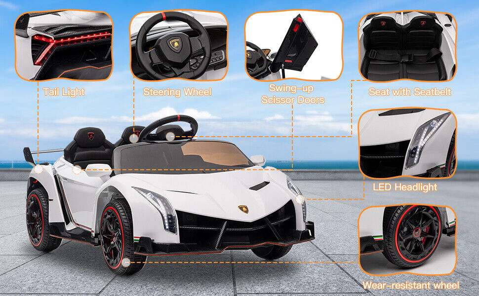 12V Licensed Lamborghini Kids Ride On Car - 2 Seater Electric Vehicle in White