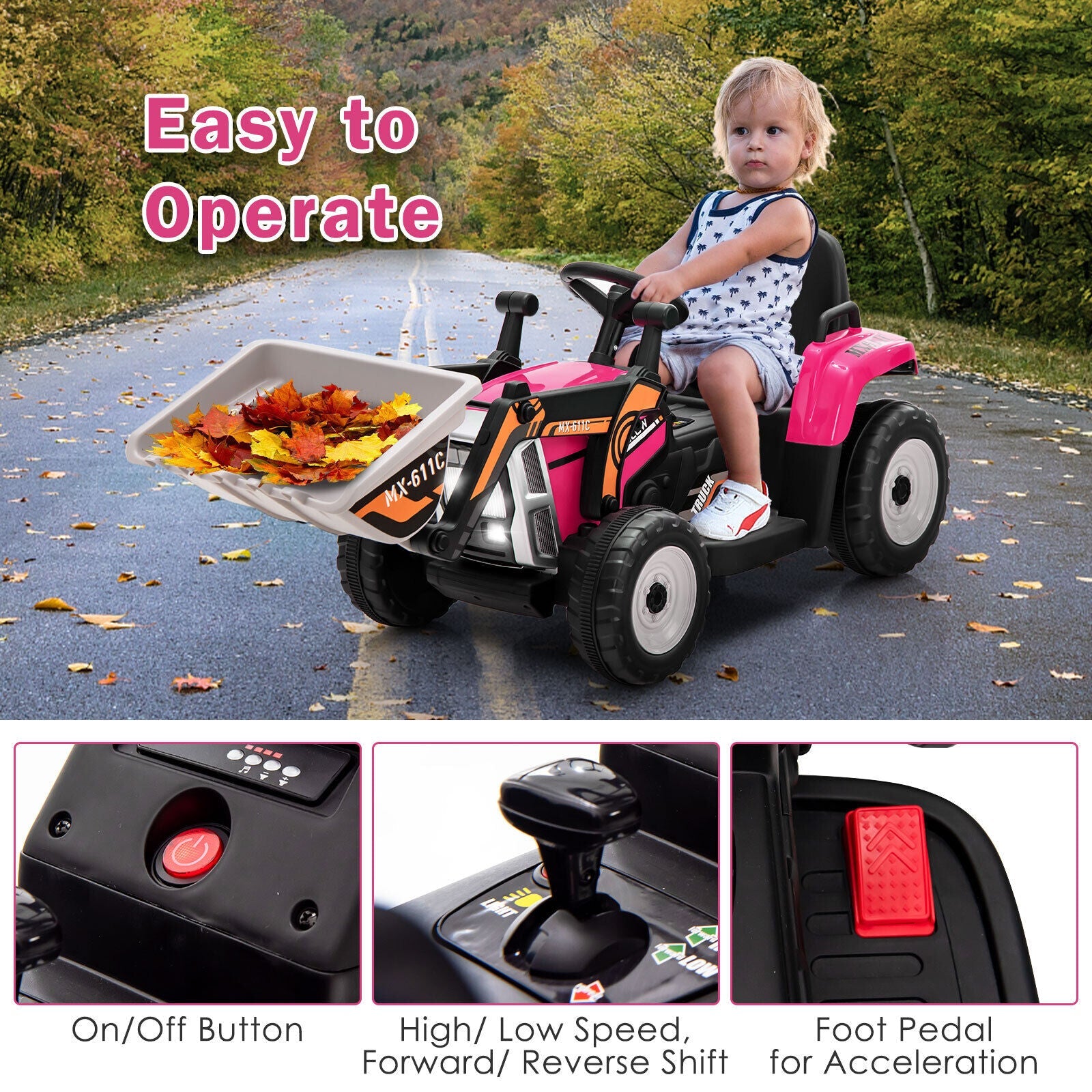 12V Electric Pink Excavator Digger Tractor with RC Control and Digging Bucket for Kids