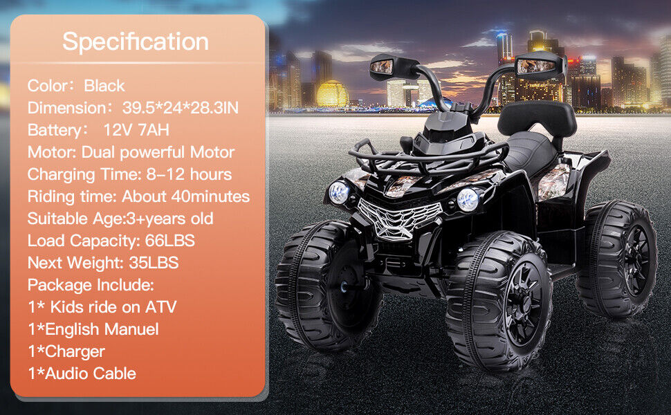 12V Electric Ride-On ATV Quad for Kids with LED Lights, Music, and USB