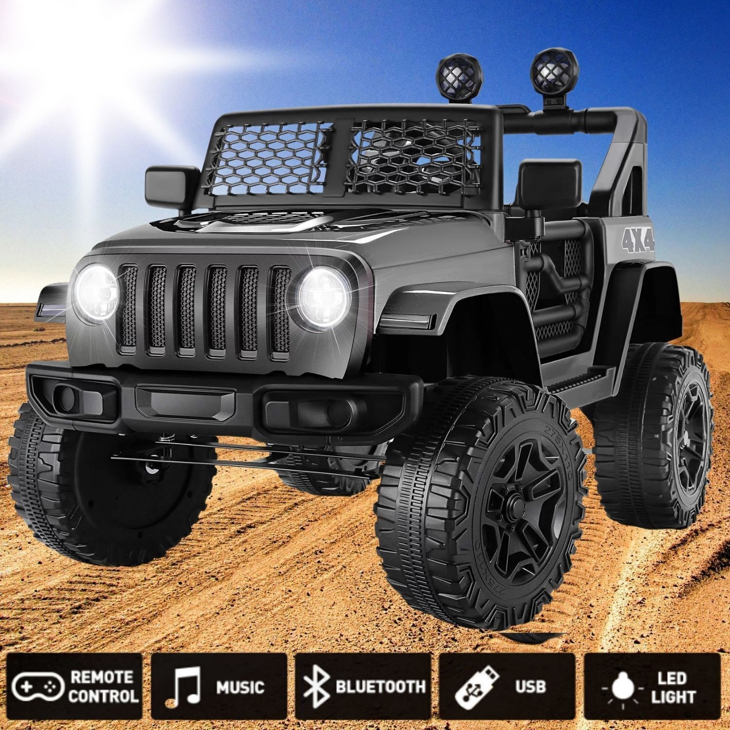 12V Kids Electric Ride-On Jeep Car with Remote Control, Bluetooth, LED Lights, and MP3 Player
