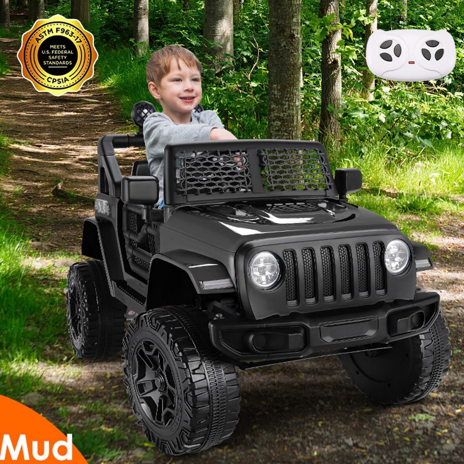 12V Electric Ride-On Car with MP3, Lights, and Remote Control - Black