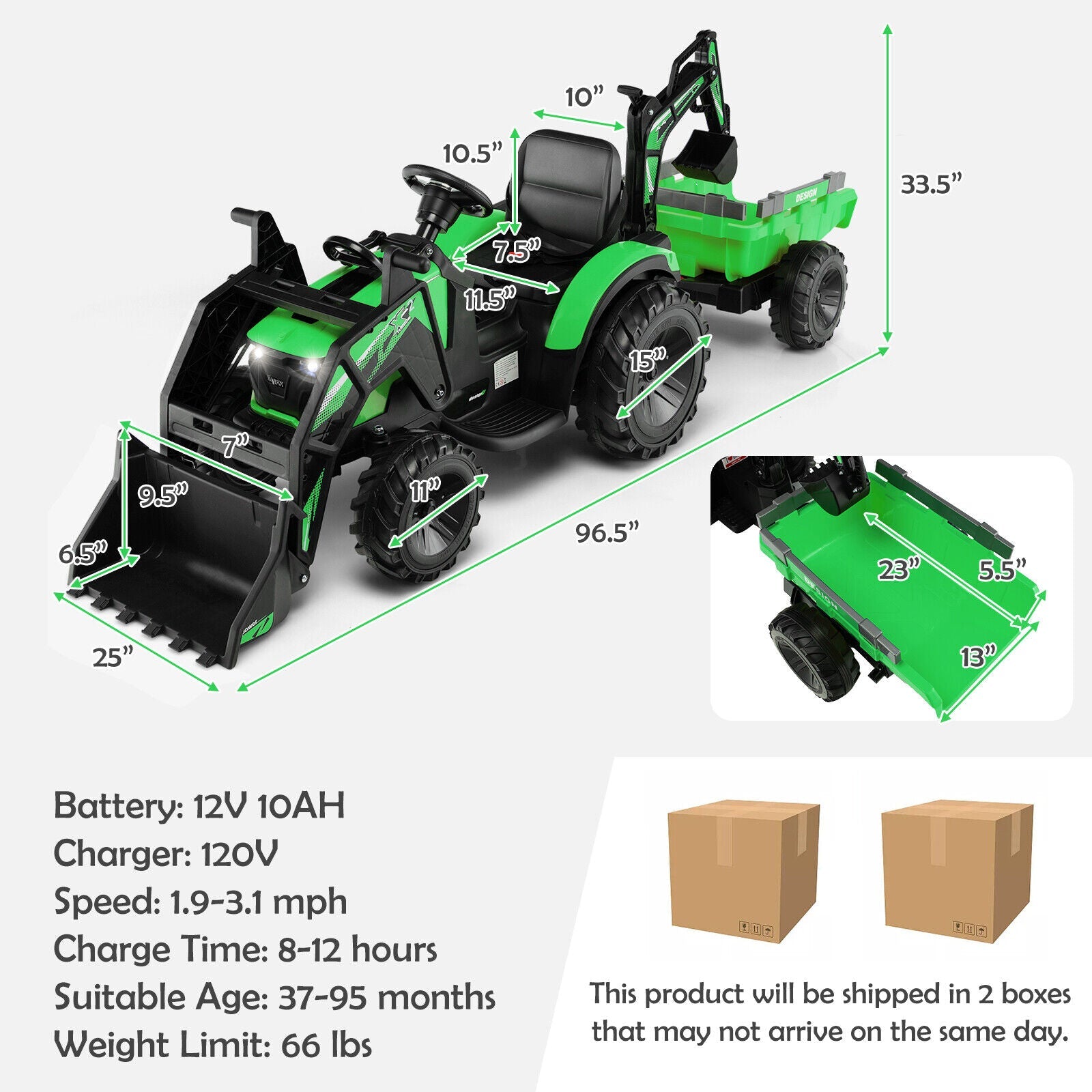 Yellow 12V Electric Ride-On Excavator Bulldozer Rubber Tires with Trailer for Kids - Remote Control Included