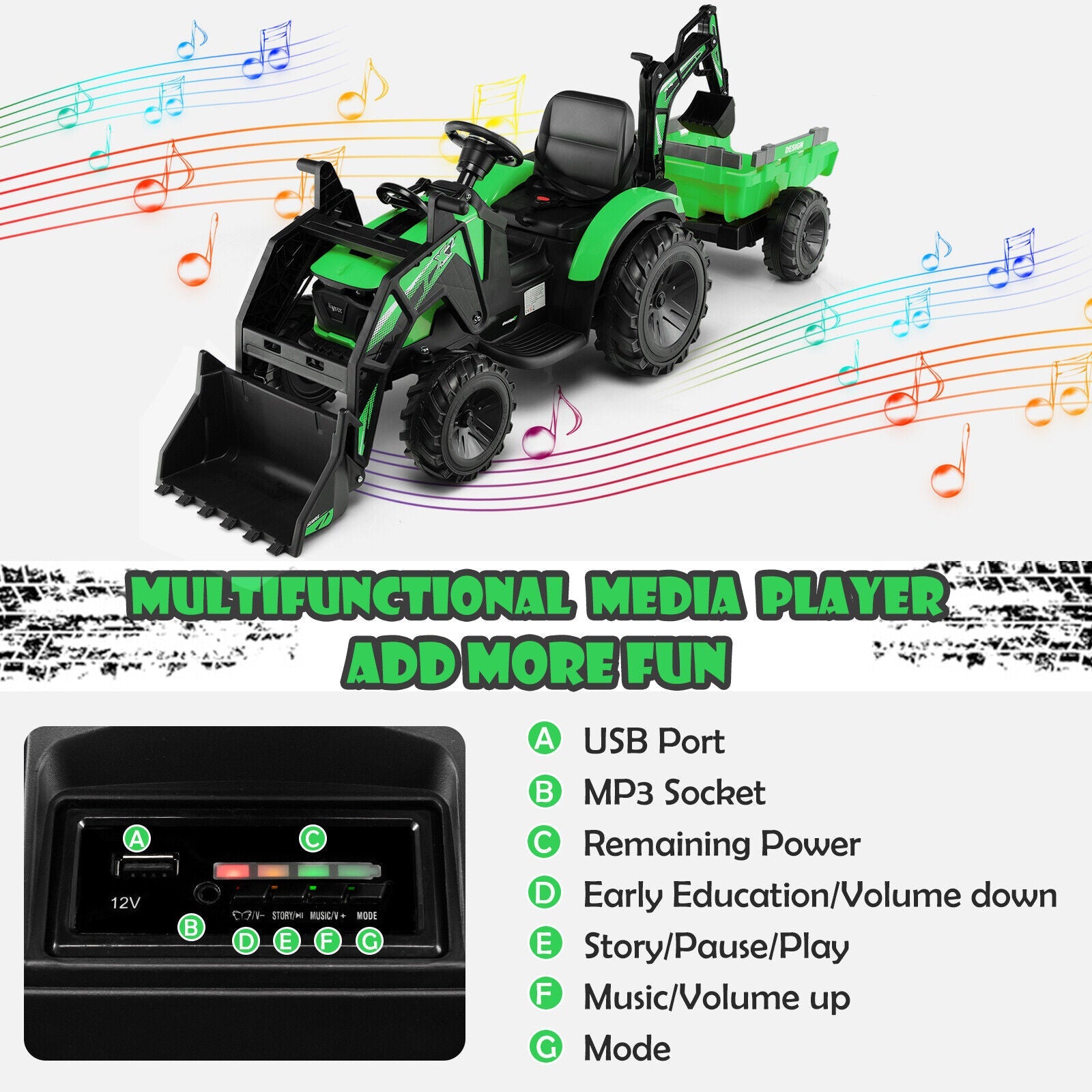 12V Electric Ride-On Excavator Bulldozer with Trailer for Kids - Remote Control Included