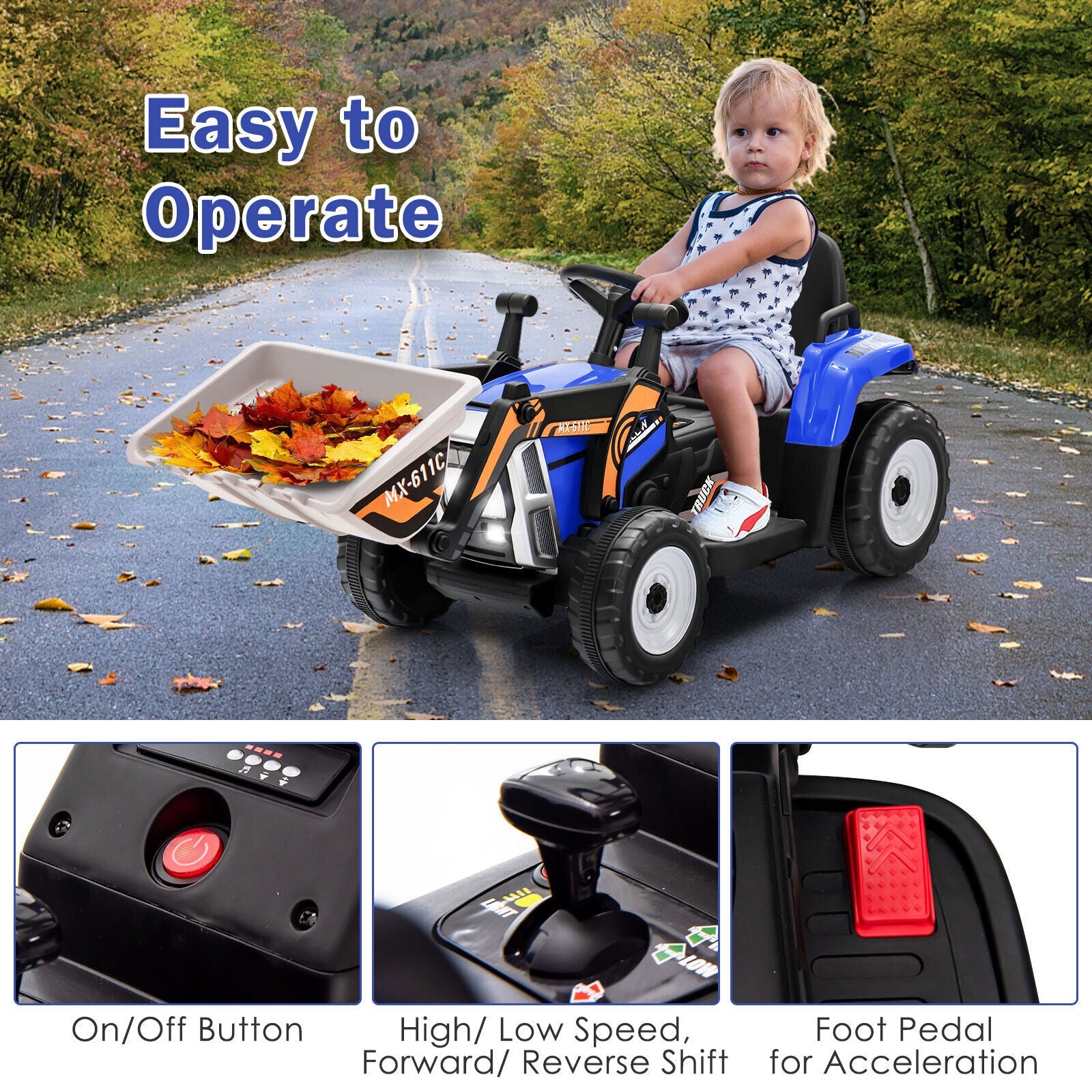 12V Electric Ride-On Excavator Digger Tractor with RC Control and Digging Bucket - Blue