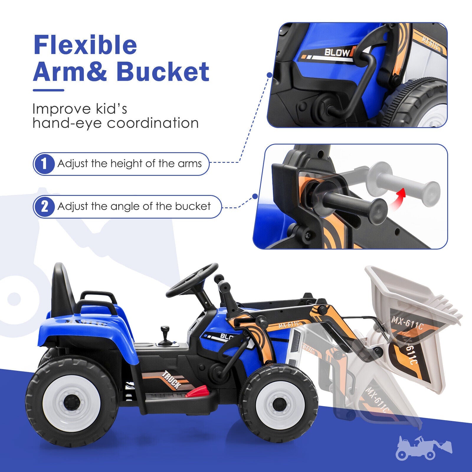 12V Electric Ride-On Excavator Digger Tractor with RC Control and Digging Bucket - Blue