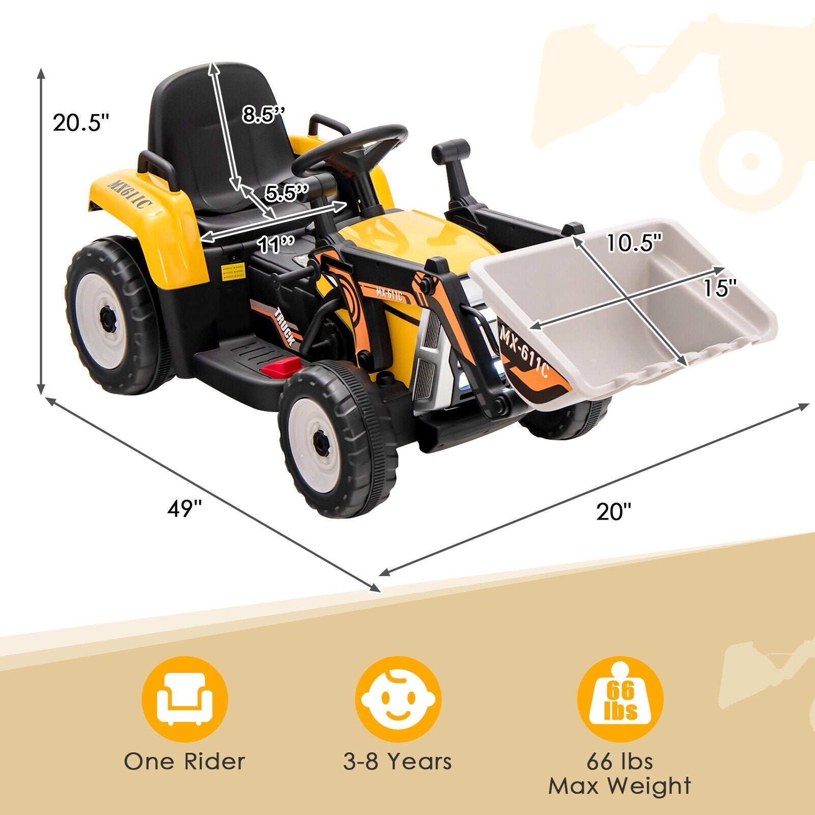 12V Electric Ride-On Excavator Digger Tractor with RC Control and Digging Bucket - Yellow