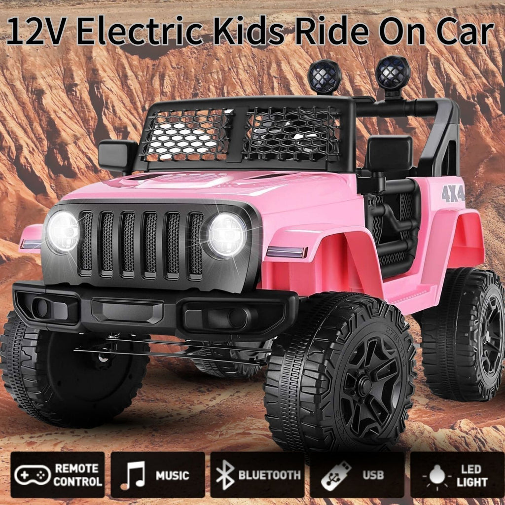 12V Kids Electric Jeep with Remote Control, 3 Speeds, LED Lights, and USB Port