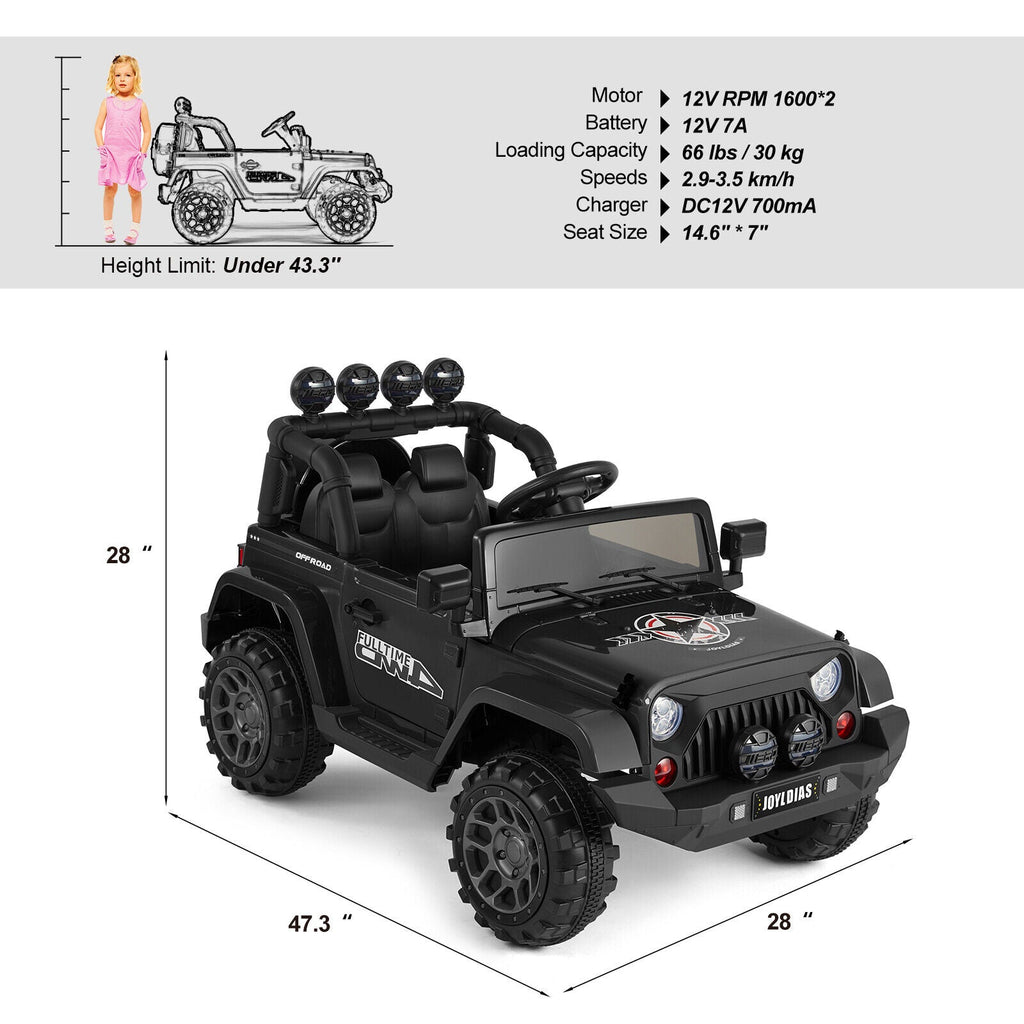 12V Electric Ride-On Jeep for Kids with LED Lights, Music, and Bluetooth Remote Control