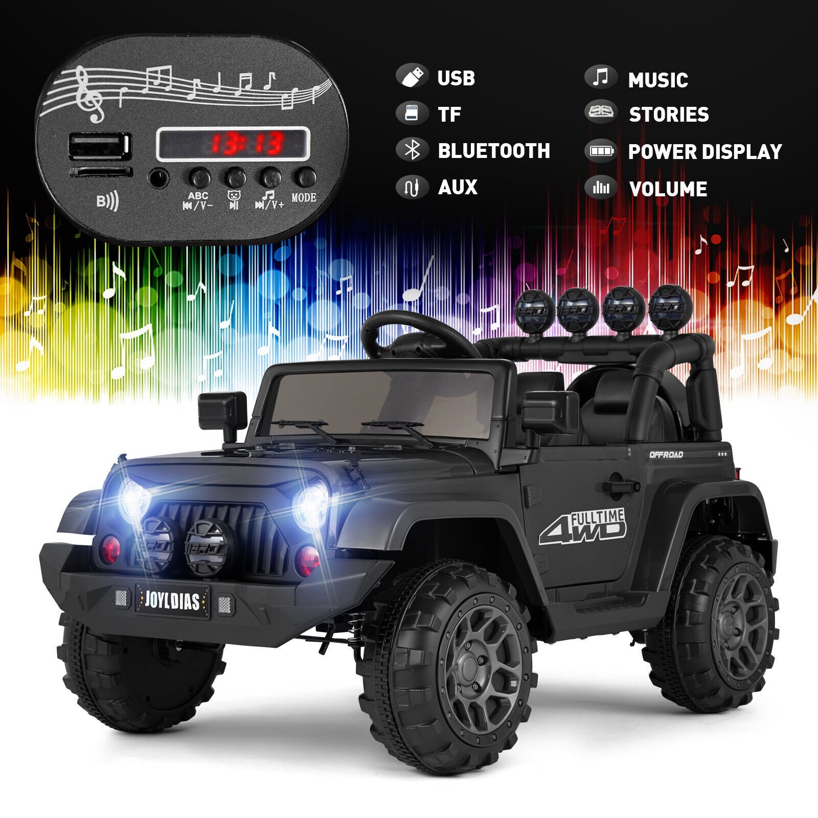 12V Electric Ride-On Jeep for Kids with LED Lights, Music, and Bluetooth Remote Control