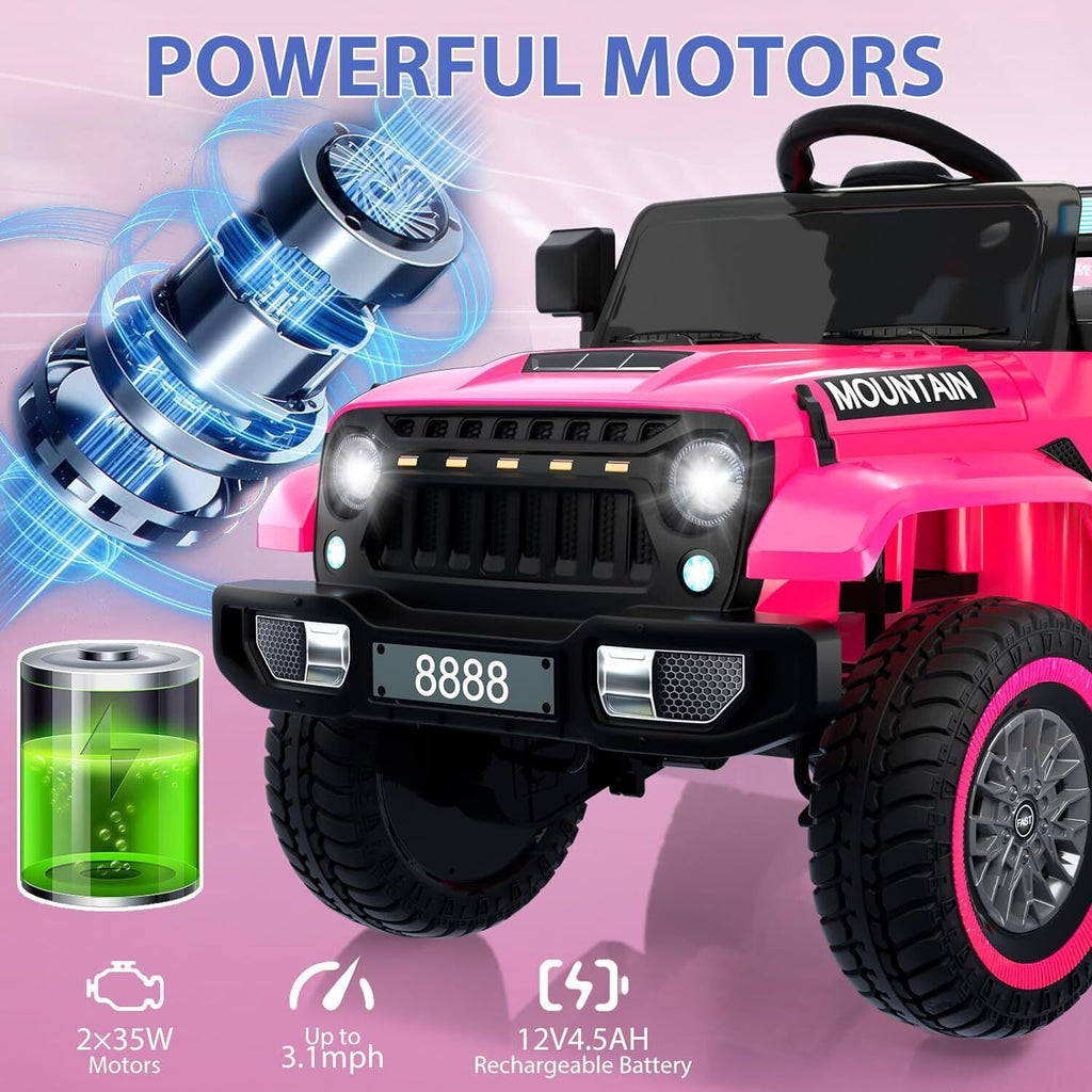 12V Electric Ride On Jeep Truck for Kids with Remote Control and Music - 3 Speed Options