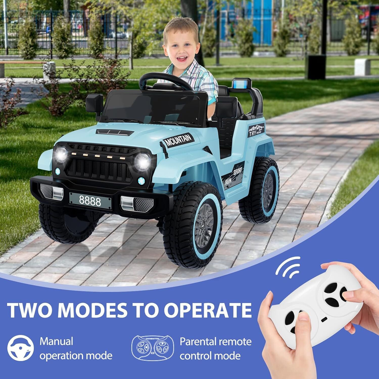 12V Electric Ride On Jeep Truck for Kids with Remote Control and Music - 3 Speed Options