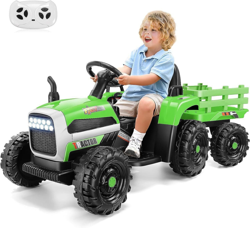 12V Electric Ride On Tractor Car with Trailer and Remote Control - 3 Speeds, 60W Motor