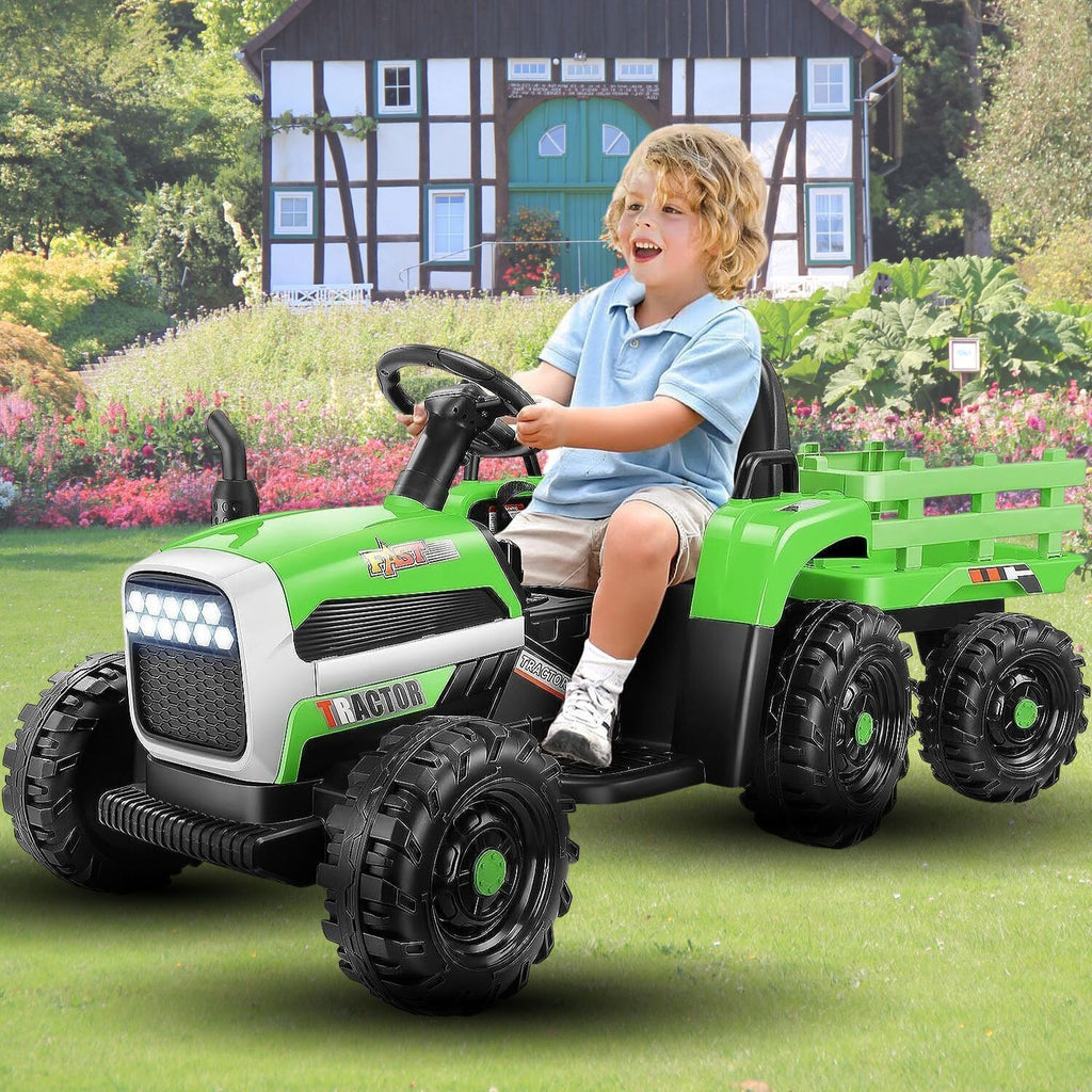 12V Electric Ride-On Tractor with Trailer and Remote Control for Kids - 3 Speed Options
