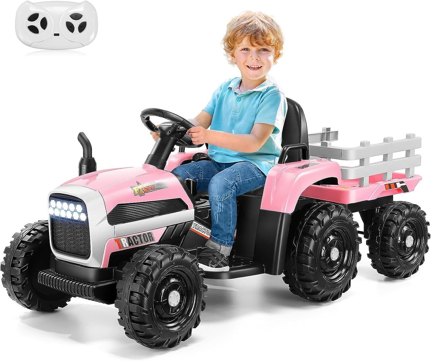 12V Electric Ride-On Tractor with Trailer for Kids, Remote Control Included