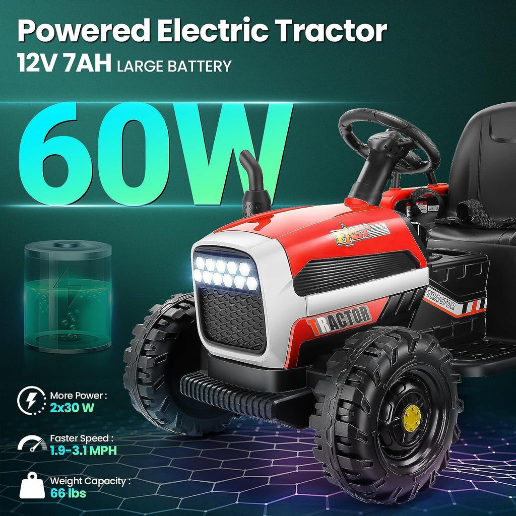 12V Electric Ride-On Tractor with Trailer for Kids, Remote Control Included