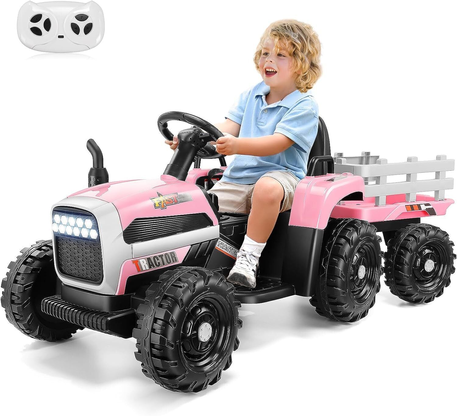 12V Electric Ride-On Tractor with Trailer for Kids, Remote Control Included