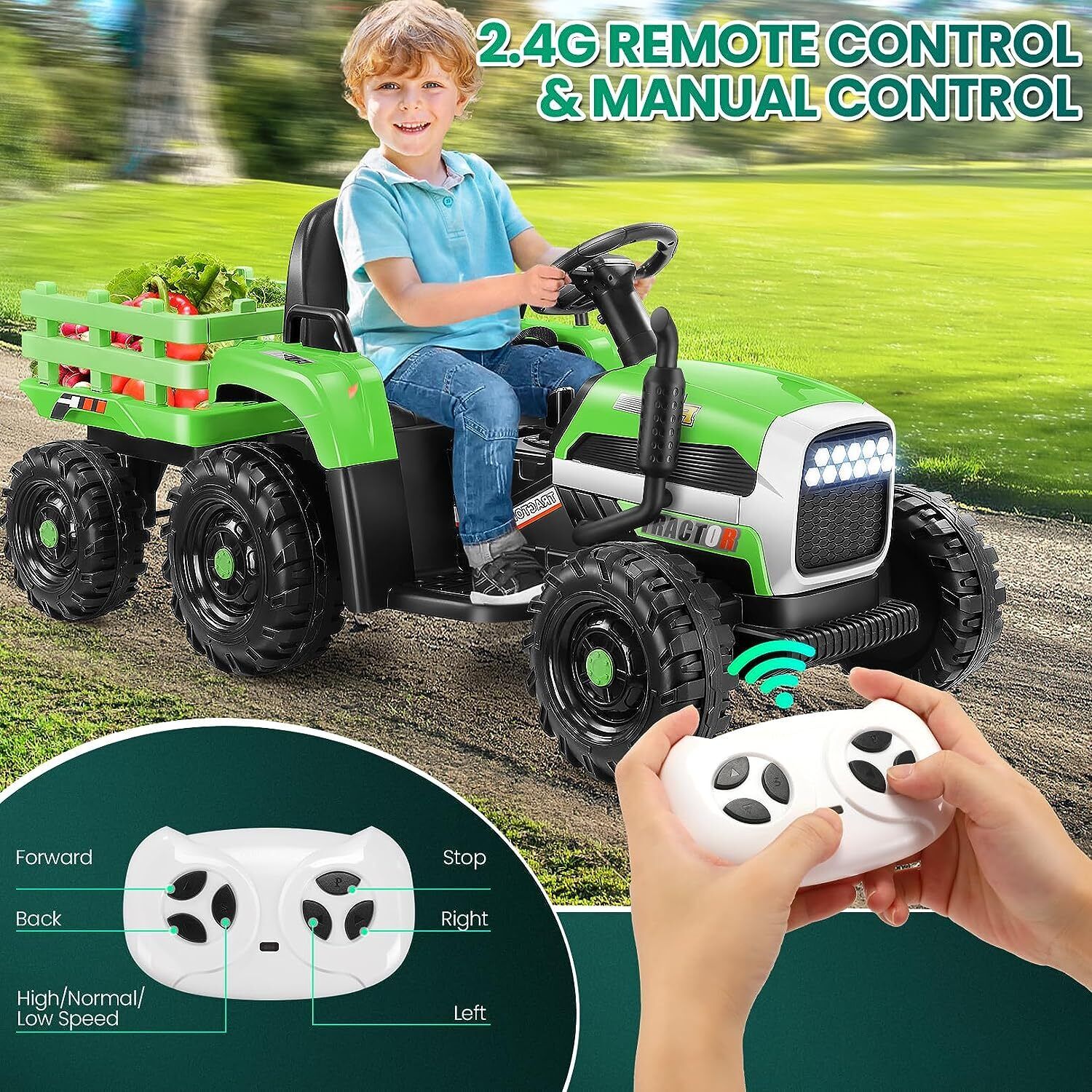 12V Electric Ride-On Tractor with Trailer for Kids, Remote Control Included