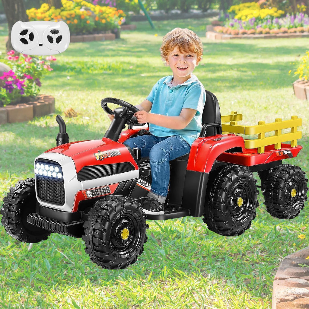 12V Electric Ride-On Tractor with Trailer for Kids - Remote Controlled Toy Car