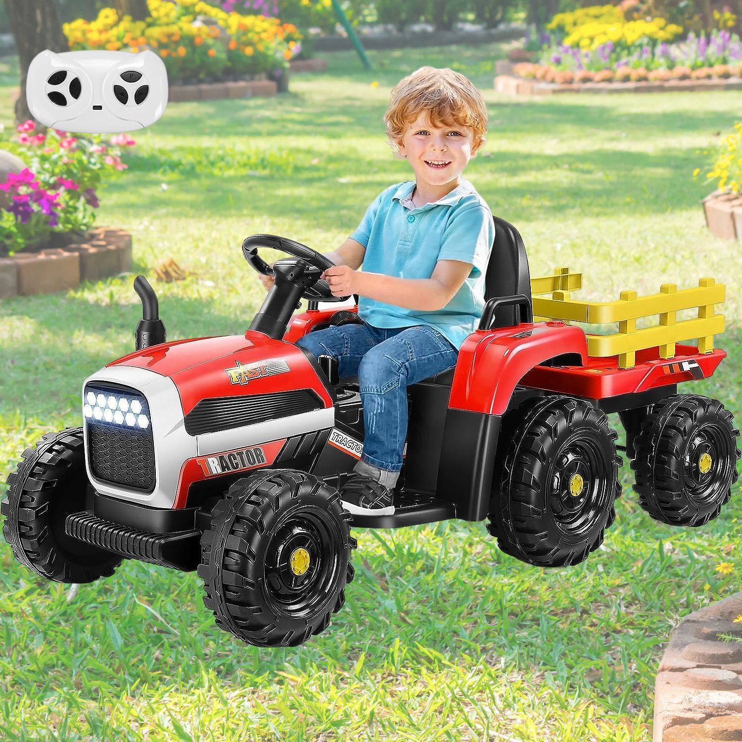 12V Electric Ride-On Tractor with Trailer for Kids - Remote Controlled Toy Car