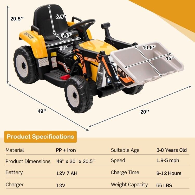 12V Electric Tractor RC Excavator Digger with Digging Bucket for Kids - Yellow