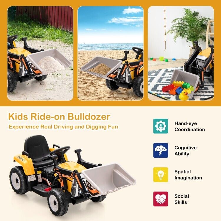 12V Electric Tractor RC Excavator Digger with Digging Bucket for Kids - Yellow