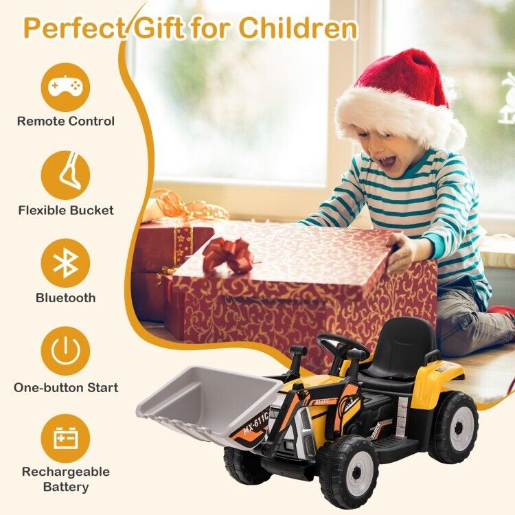 12V Electric Tractor RC Excavator Digger with Digging Bucket for Kids - Yellow