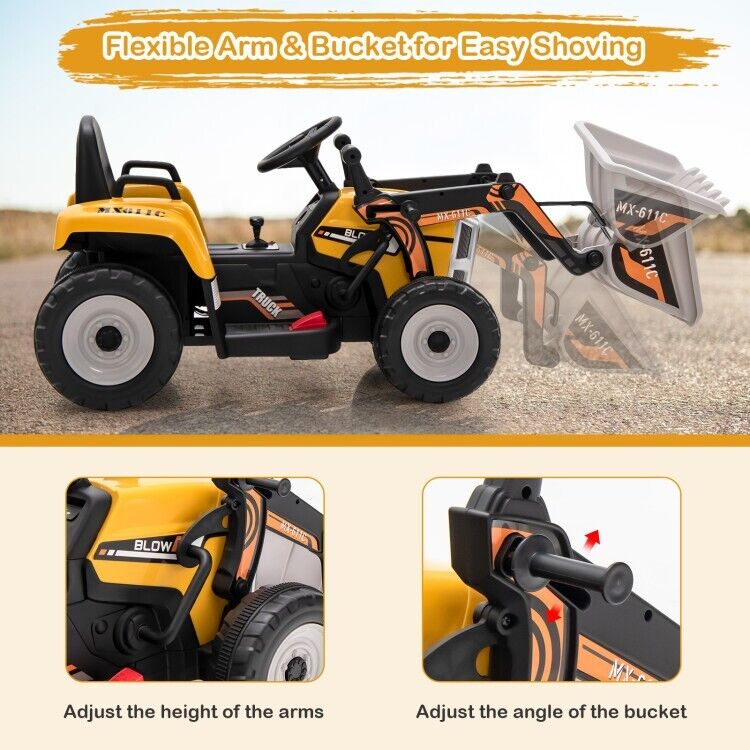 12V Electric Tractor RC Excavator Digger with Digging Bucket for Kids - Yellow