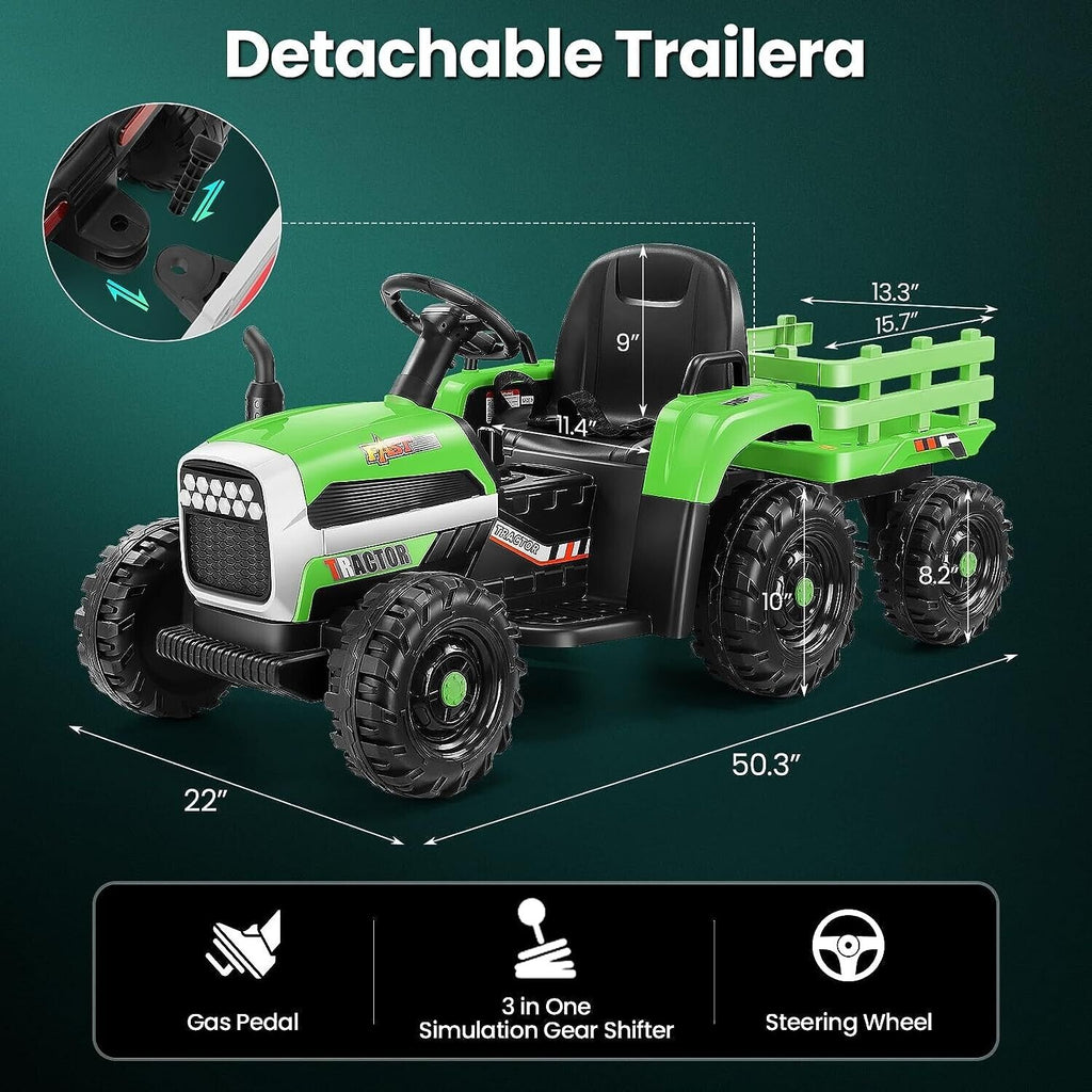 12V Electric Tractor Ride-On Toy Car with Trailer for Kids