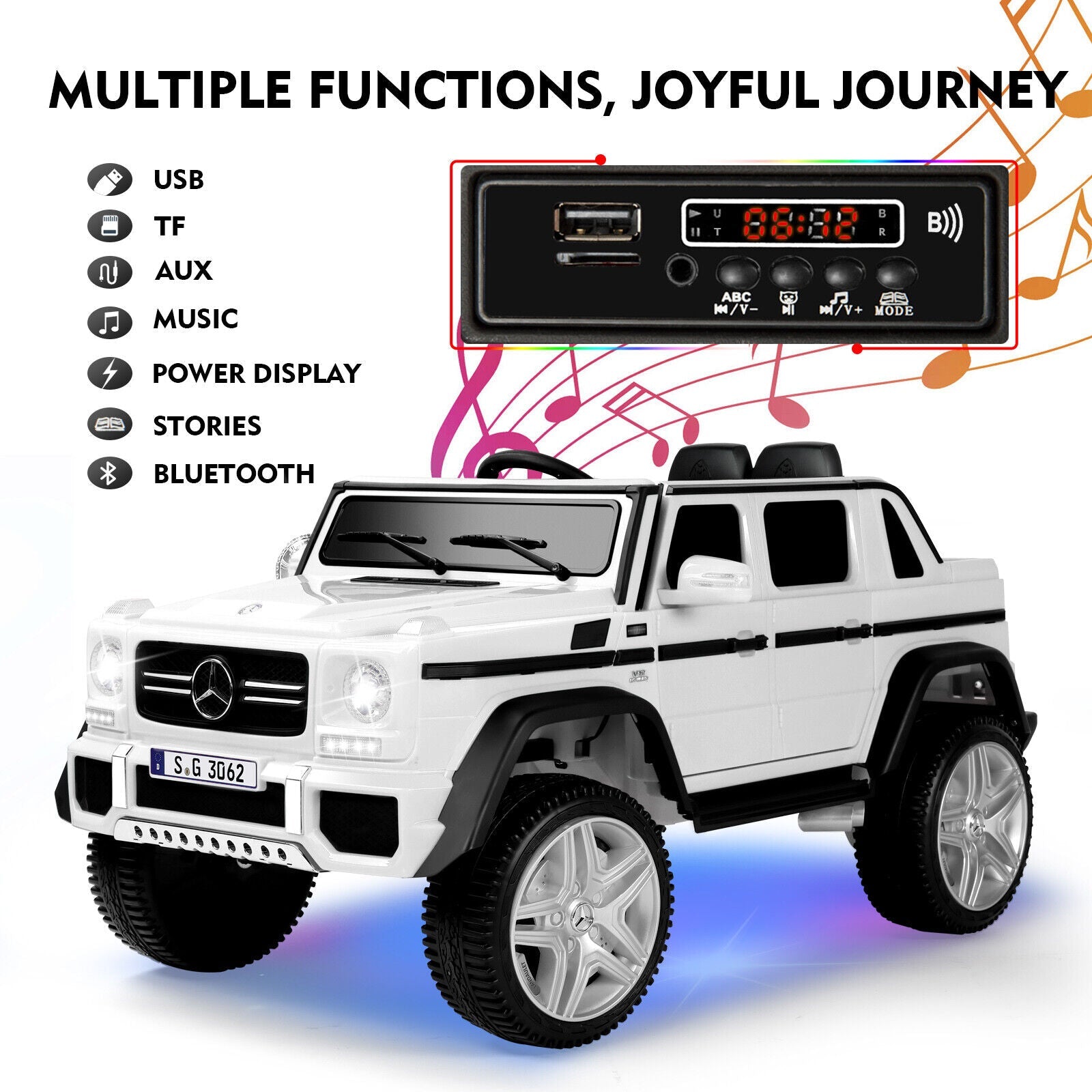 Mercedes-Benz 12V Kids Ride On Car with Music, LED Lights, Bluetooth, and Remote Control